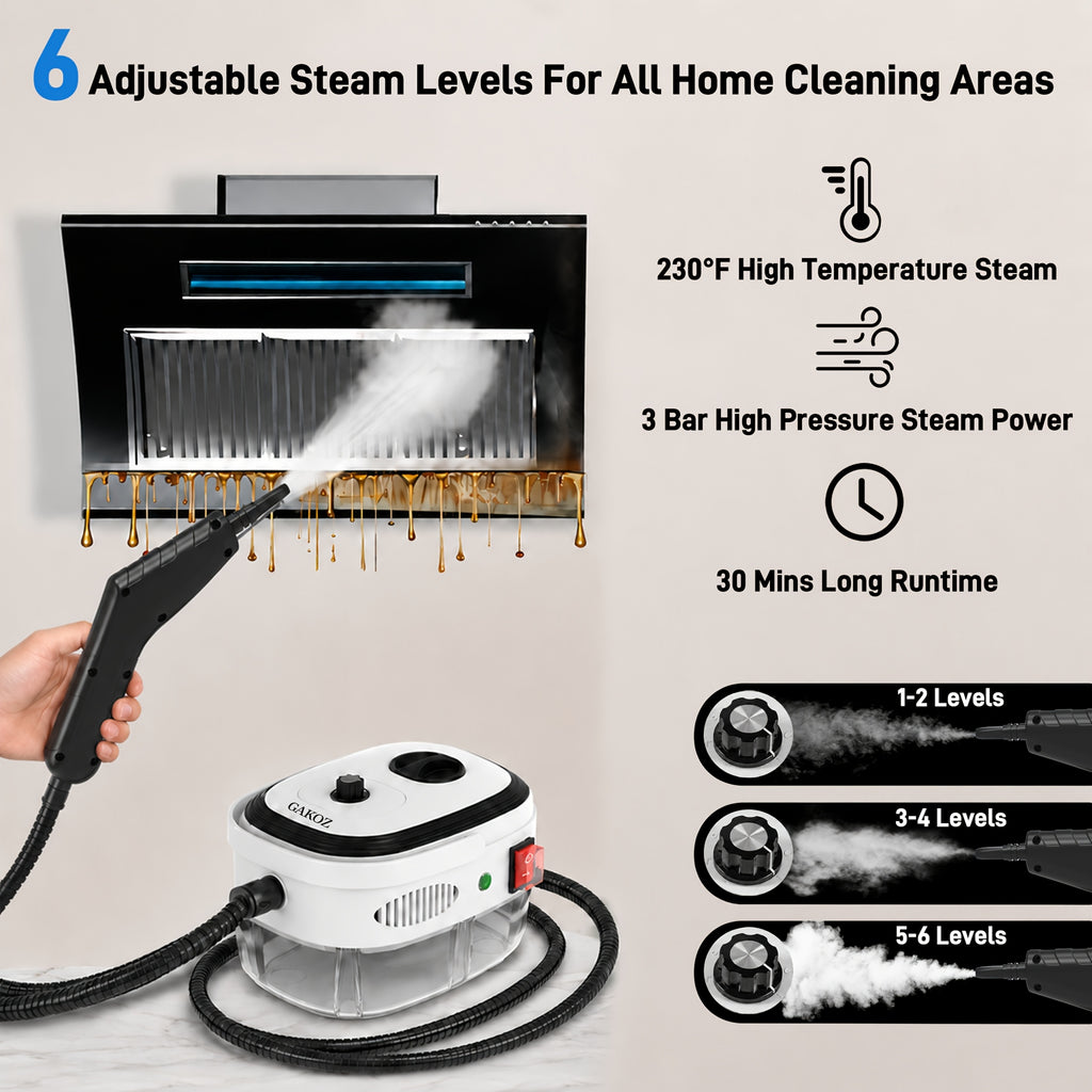 Portable Handheld Steam Cleaner with White 1200W Fixed-Steam or Black and White 1500W Adjustable-Steam Option Labels, Three or Nine Listed Accessories
