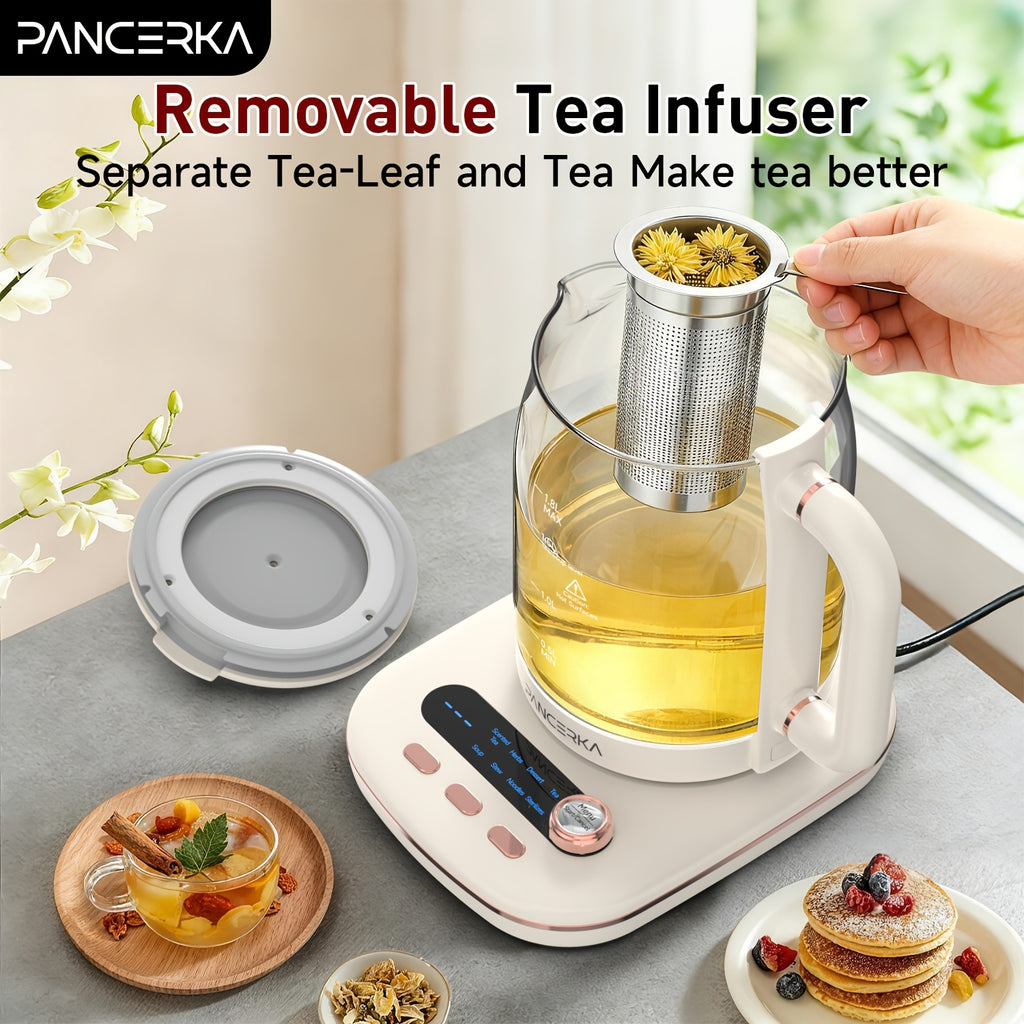 Electric Glass Tea Maker by PANCERKA, 1.8L Multifunction Kettle with Infuser and Detachable Filter in Beige for Home Tea Brewing & Kitchen Use