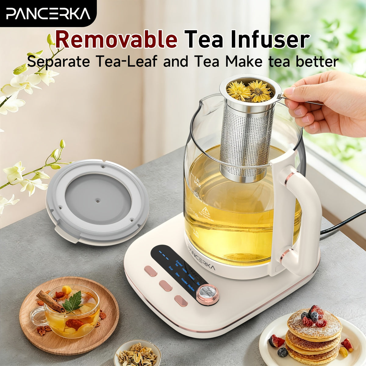 Electric Glass Tea Maker by PANCERKA, 1.8L Multifunction Kettle with Infuser and Detachable Filter in Beige for Home Tea Brewing & Kitchen Use
