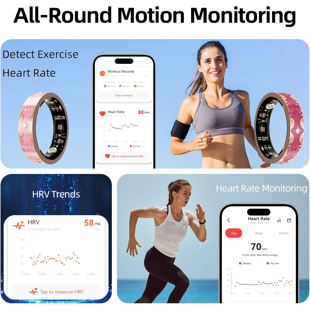 Smart Ring for Women, Fitness Tracker Ring with 120+ Sports Modes, Steps, Distance and Calories Tracking, Stress Monitor and Menstrual Cycle Tracking for iPhone and Android, No Subscription