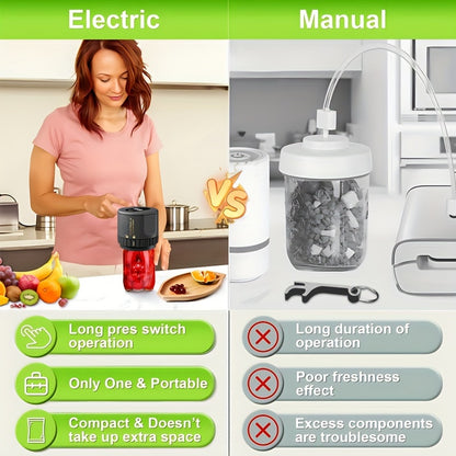 Electric Mason Jar Vacuum Sealer with One-Touch Operation, USB Rechargeable Kitchen Jar Sealing Tool with Wide and Narrow Mouth Lids, Black or White Options