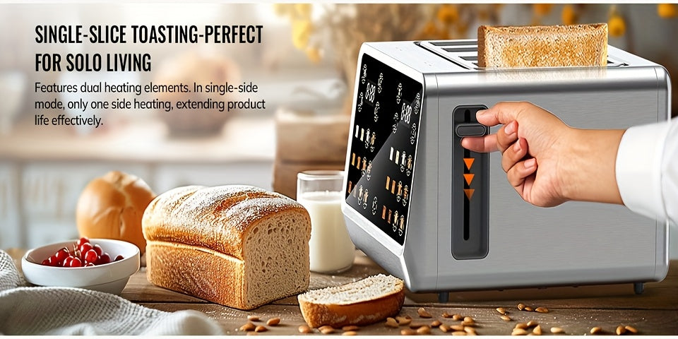 Four-Slice Digital Toaster with Listed Touchscreen, Dual Control Panels, Timer and Single-Slot Toasting, Stainless Steel Option for Bread, Bagels and Waffles