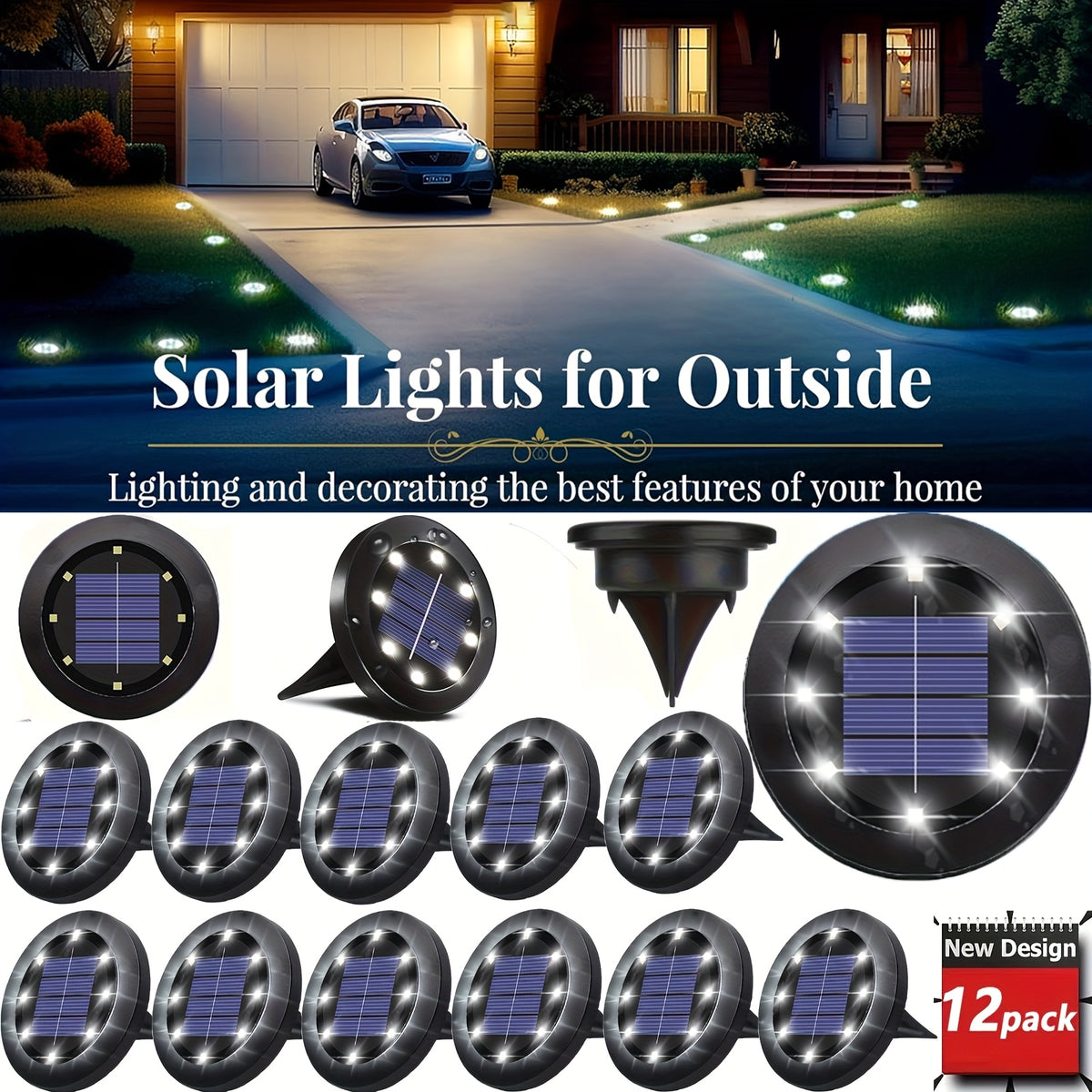 Solar Ground Lights with White Light, 12-Pack In-Ground Garden Lighting for Decorative Flowerbed Borders, Lawn Edges, Patio and Outdoor Pathway Accents