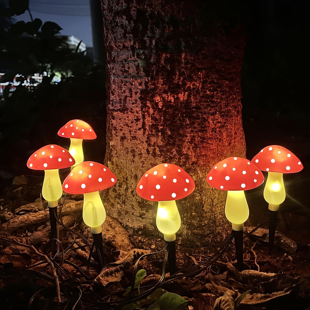 Solar Mushroom Garden Lights, 12-Piece Red Spotted Stake Light Set with Warm White LEDs for Decorative Lawn Borders, Yard Pathways, Patios and Landscape Displays