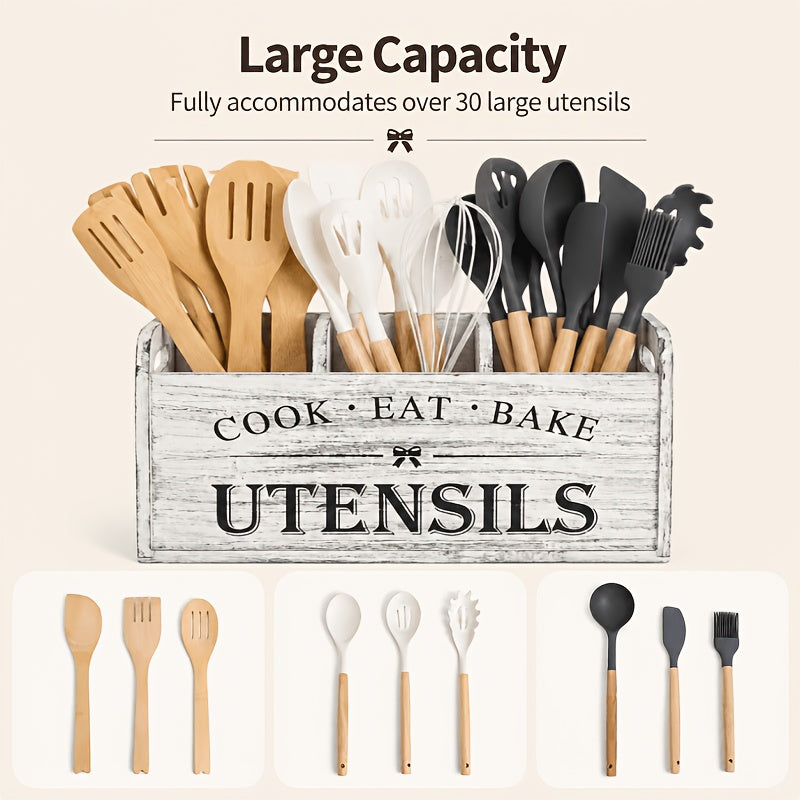 Wooden Utensil Organizer by LDQ with Rustic Styling, Grey White Selection and Grey White or Black Four-Compartment Options for Cooking and Baking Tool Storage