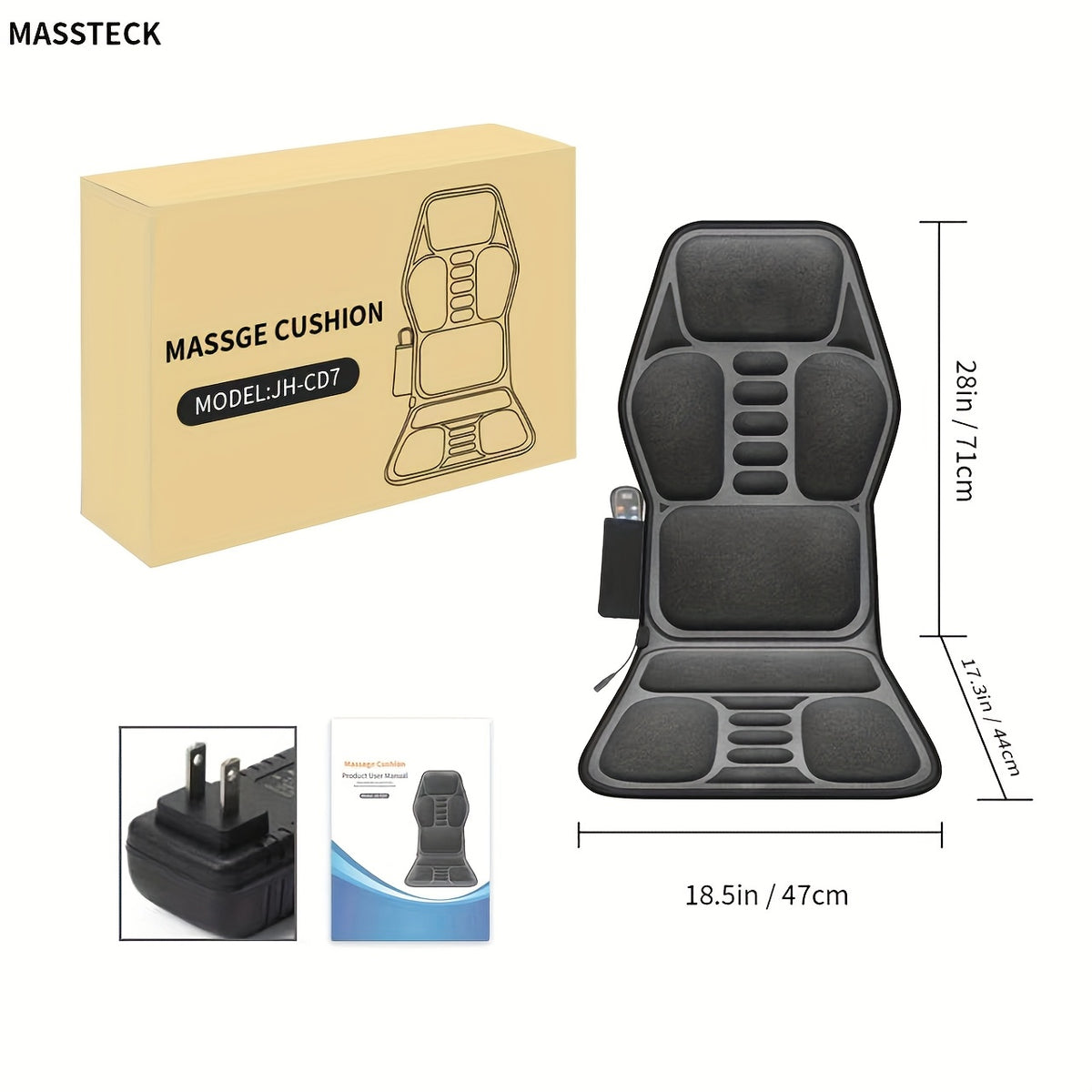 MASSTECK Heated Vibration Seat Cushion with Nine Listed Motors and Triple Back Heating Wording, Black Massage Mat for Compatible Chair or Couch Comfort Routines