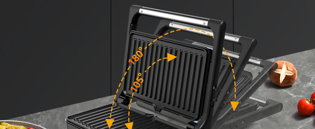 YASHE Panini Grill Press ZJ-521 with 1200W Heating, Nonstick Cast Aluminum Plates, Two-Slice Bread Capacity, 180-Degree Opening and Ready Indicator Lights