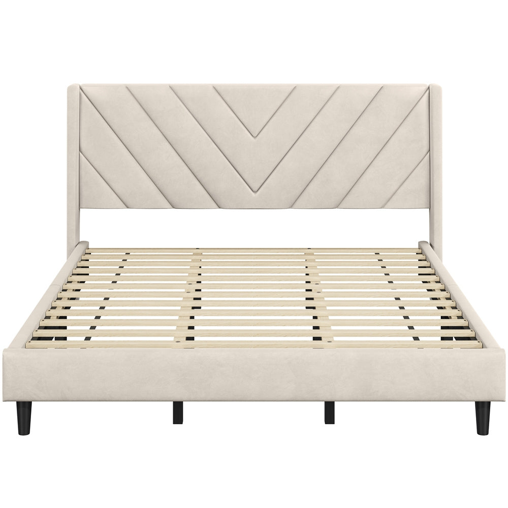 Velvet Platform Bed Frame by Costoffs with Wingback Headboard and Geometric Stitching, Wooden Slat Support, No Box Spring Needed, Twin to King Options