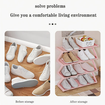 Z-Shaped Shoe Rack with Listed Four-Tier Design and Tool-Free Assembly, Metal Tubes and Plastic Connectors in Five Color and Model Options for Dorm Storage