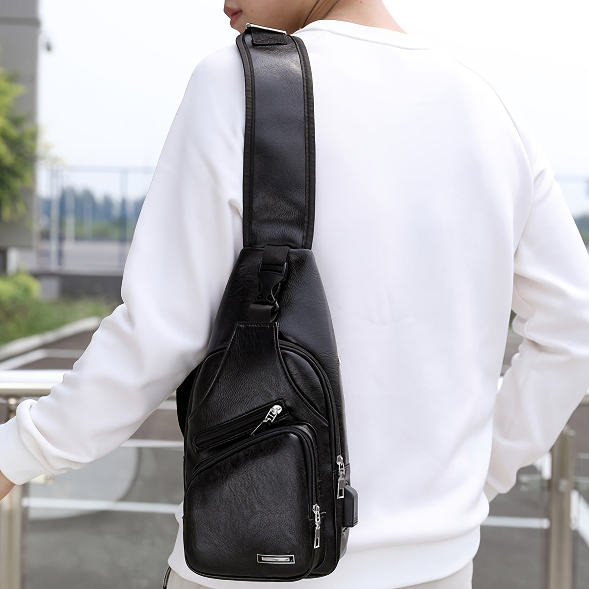PU Leather Sling Bag for Men and Women with Adjustable Shoulder Strap, Zippered Pockets and Earphone Opening for Daily Walking, Hiking and Travel