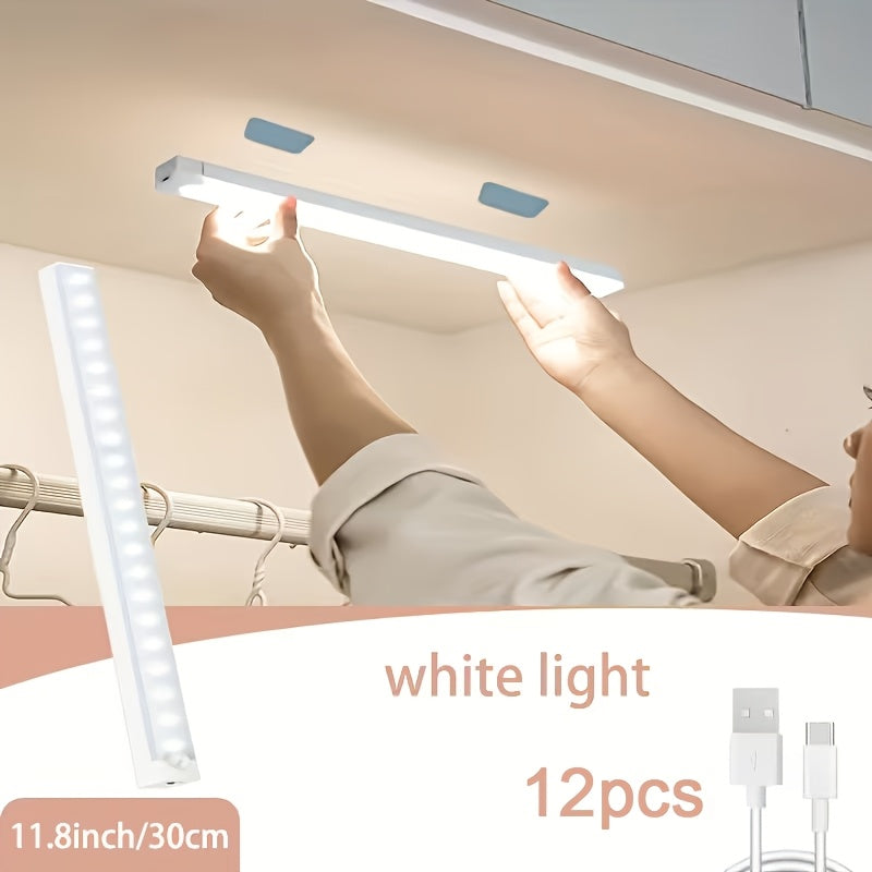 Rechargeable LED Motion Sensor Cabinet Lights, USB Wireless Under Cabinet Lighting, 3 Modes, Magnetic Stick-On Night Light Bar for Kitchen, Closet, Hallway, Stairs, Bedroom, 6/9/12-Pack, 3 Sizes