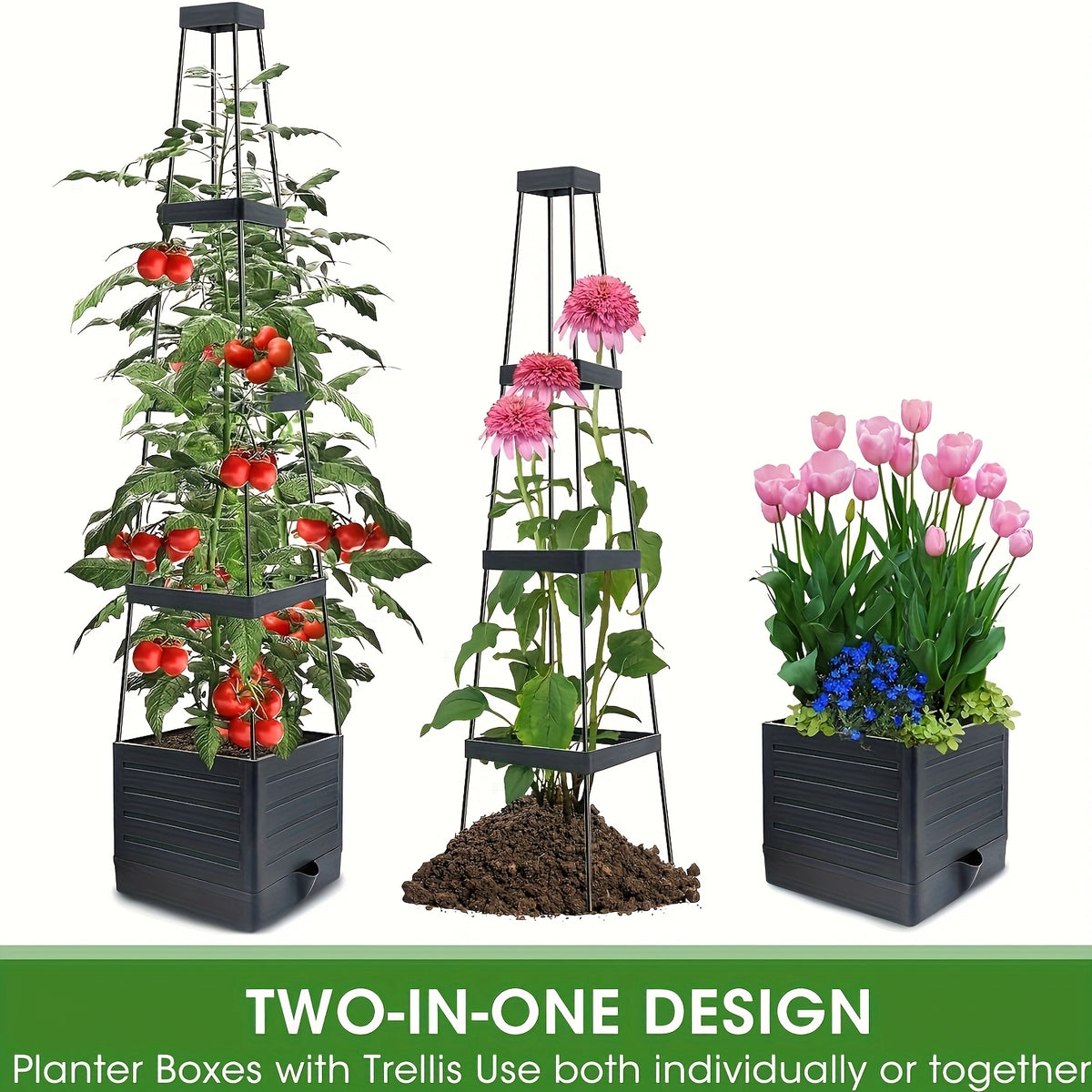 Tomato Planter with Trellis in One- or Two-Piece Options with Listed 57-Inch Size and Self-Watering Design for Climbing Vegetables, Patio and Greenhouse Gardening
