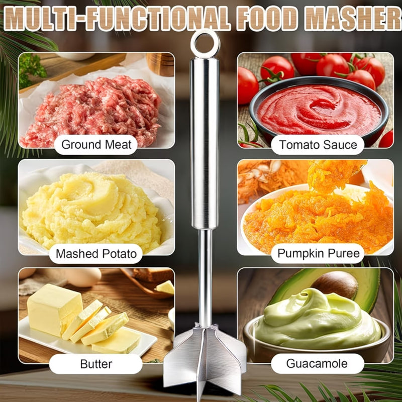 Six-Blade Stainless Steel Meat Chopper with Listed 304 Steel Construction, Single Manual Ground Beef Masher and Potato Mixing Tool for Home Meal Prep