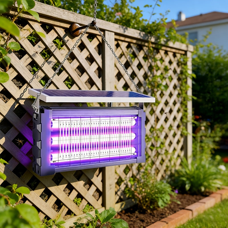 Solar-Powered Bug Zapper in Black with Automatic Day-Night Operation, Hook, Support Rod and Listed 10ft Solar Panel Extension Cord for Patio and RV Setups