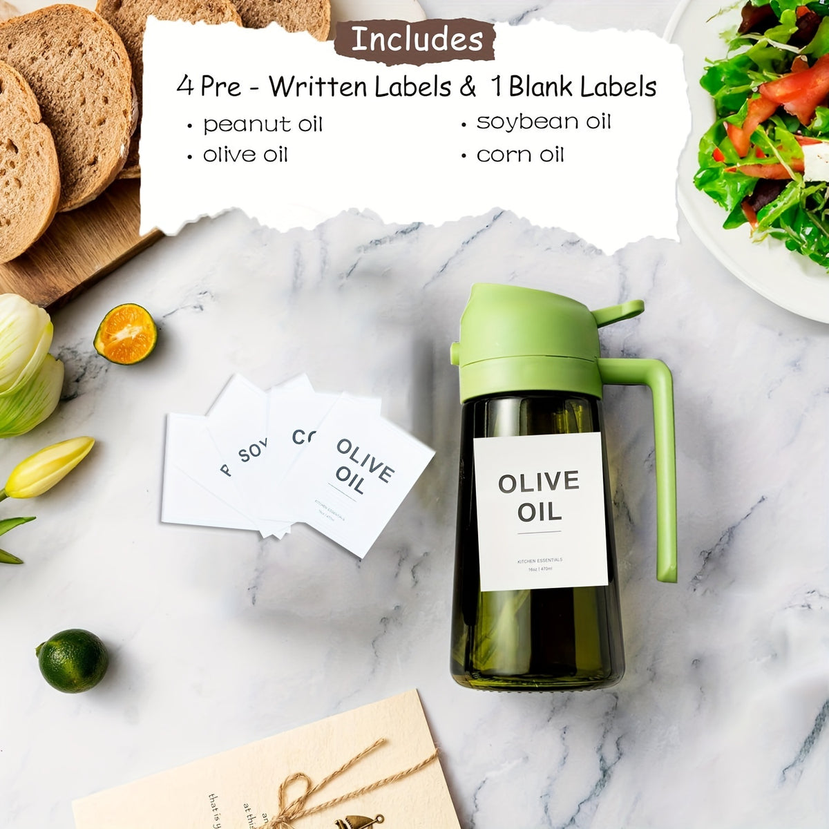 Cooking Oil Spray and Pour Bottle with Listed 16-Ounce Size, Automatic Flip-Top Design and Label Stickers in Five Options for Everyday Kitchen Preparation