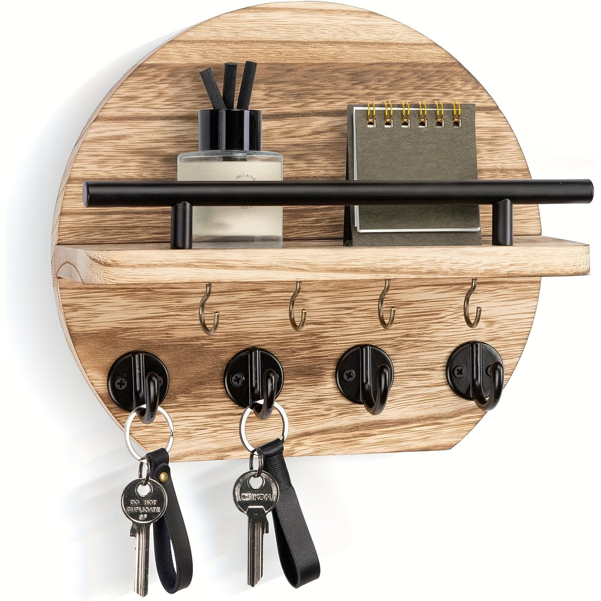 Key Holder with Shelf and Eight Hooks, Round Wooden Wall-Mounted Entryway Organizer in Brown or Natural for Hallway Keys and Everyday Small Accessories