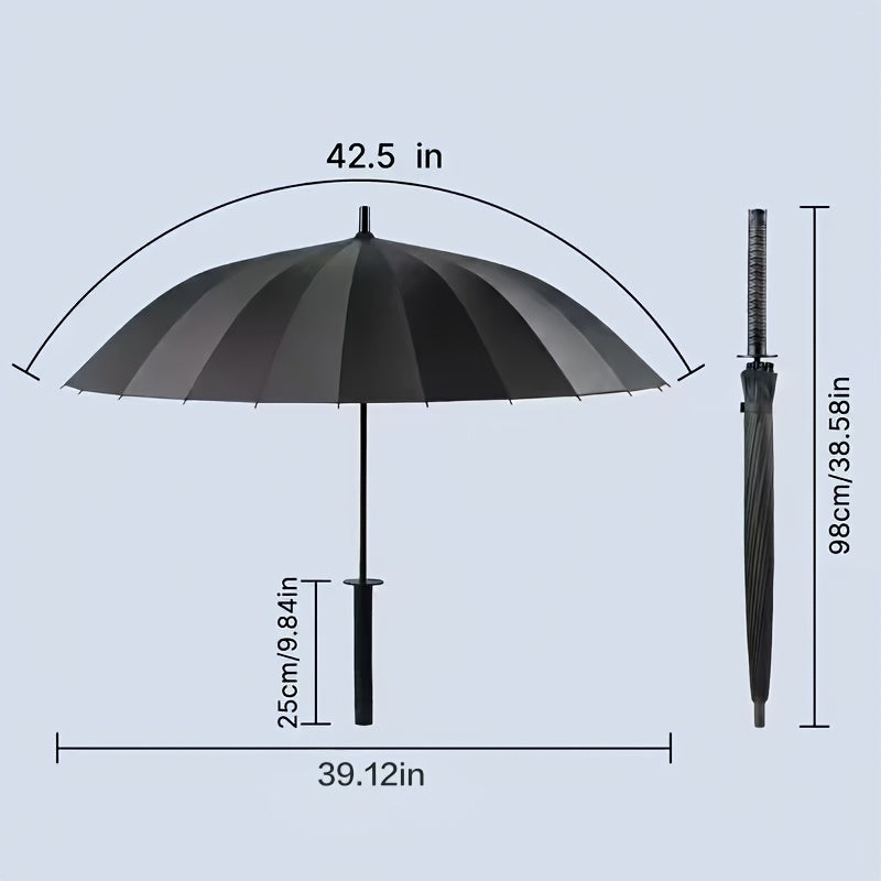Samurai Umbrella in Black with Automatic Open and Close, Listed 24-Rib Steel Frame and Sword-Themed Styling for Rainy Days, Cosplay Outfits and Anime Fan Gifts