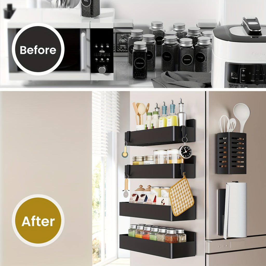 Magnetic Refrigerator Spice Organizer Set with Five- or Six-Piece Options, Small Square Box or Tissue Holder Configurations and Listed Four Hooks for Kitchen Storage