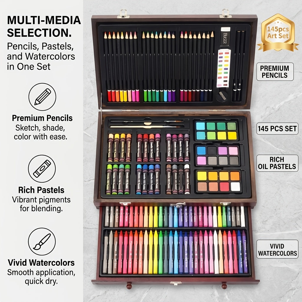 Wooden Case Art Set, 145-Piece Three-Layer Selection with Crayon, Oil Pastel, Watercolor Cake and Colored Pencil References for Drawing and Painting