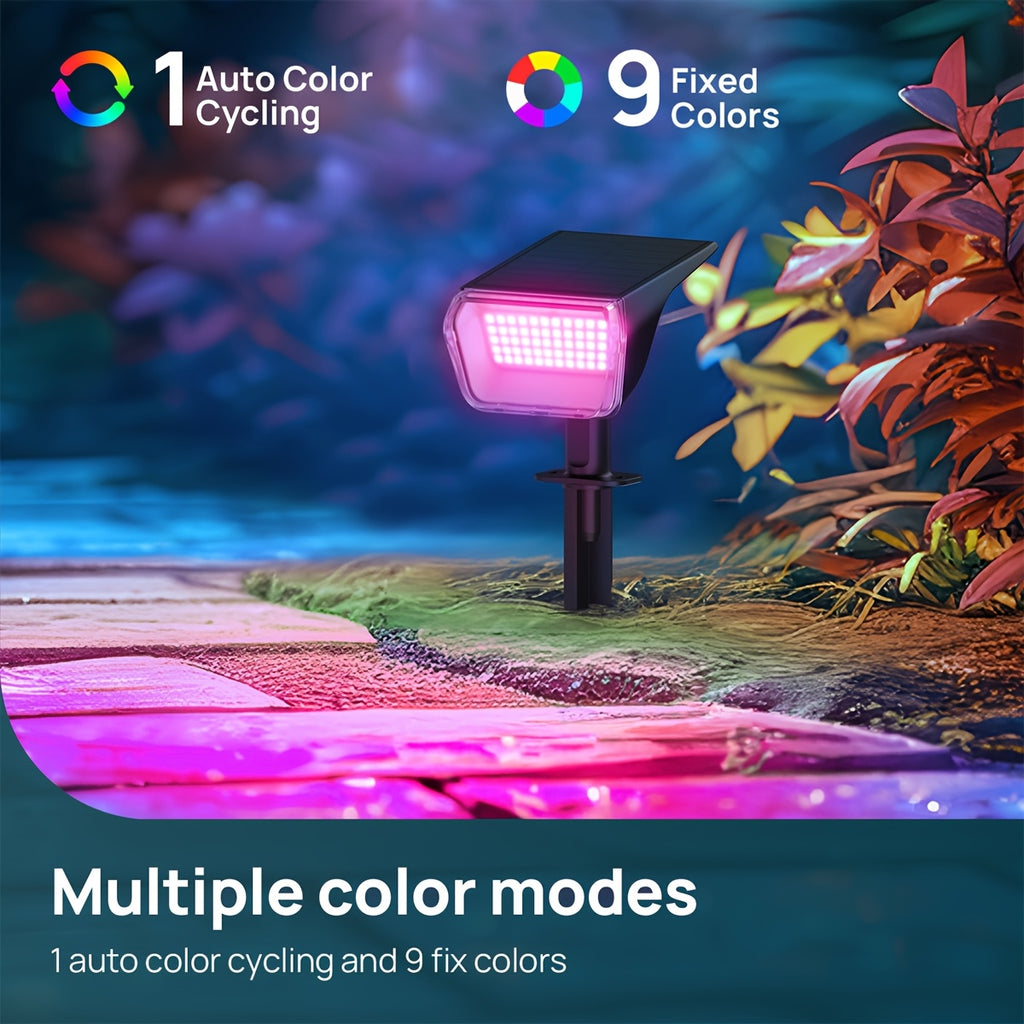 SYVIO Color-Changing Solar Landscape Spotlights with Listed 100 LEDs and Ten Modes, Multicolor Two- to Twelve-Piece Package Labels for Garden Accent Lighting