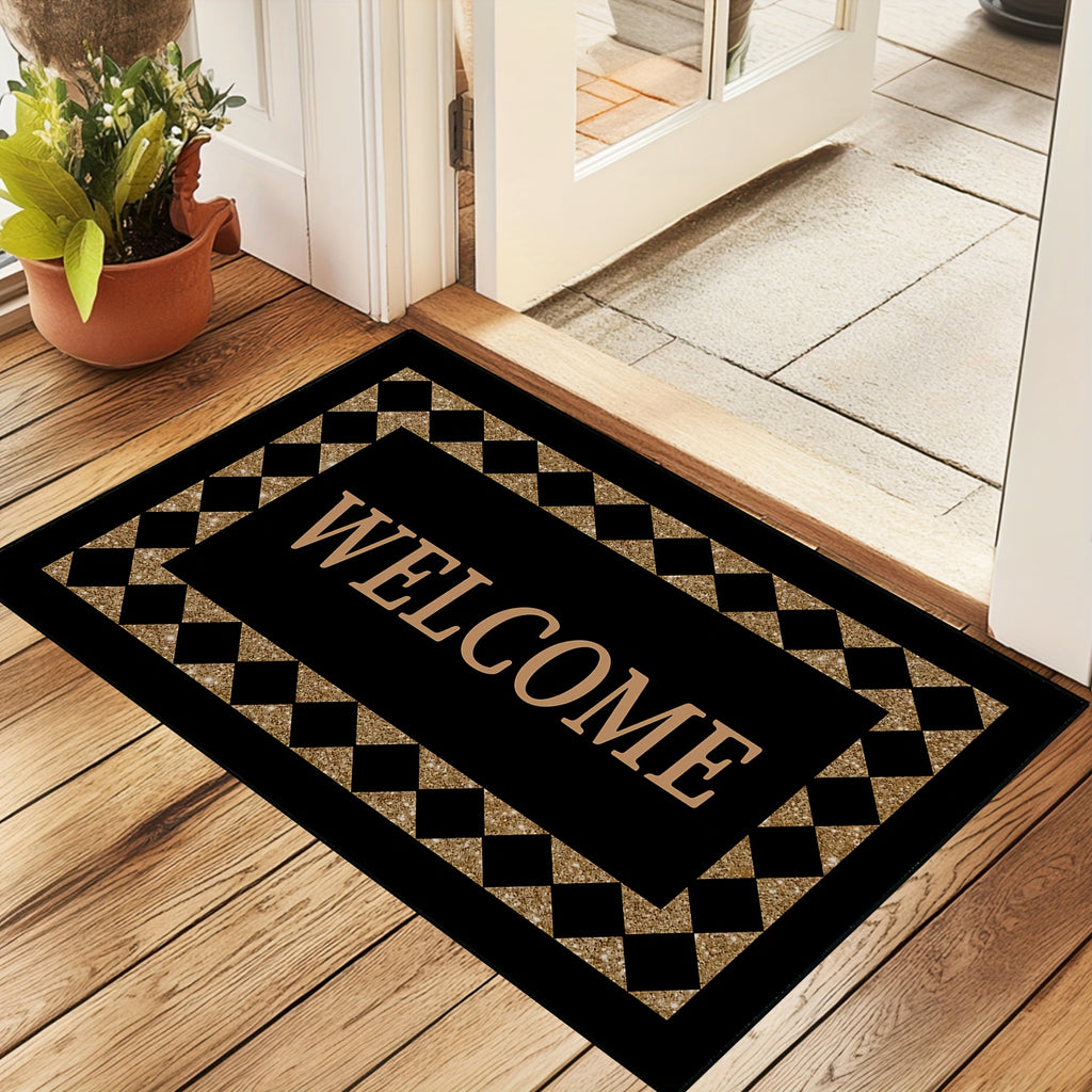Black Welcome Doormat, Indoor Entrance Floor Mat in 16 x 24 or 20 x 32 Inch Size Options for Home Entryways, Hallway Decor and Housewarming Gift Ideas