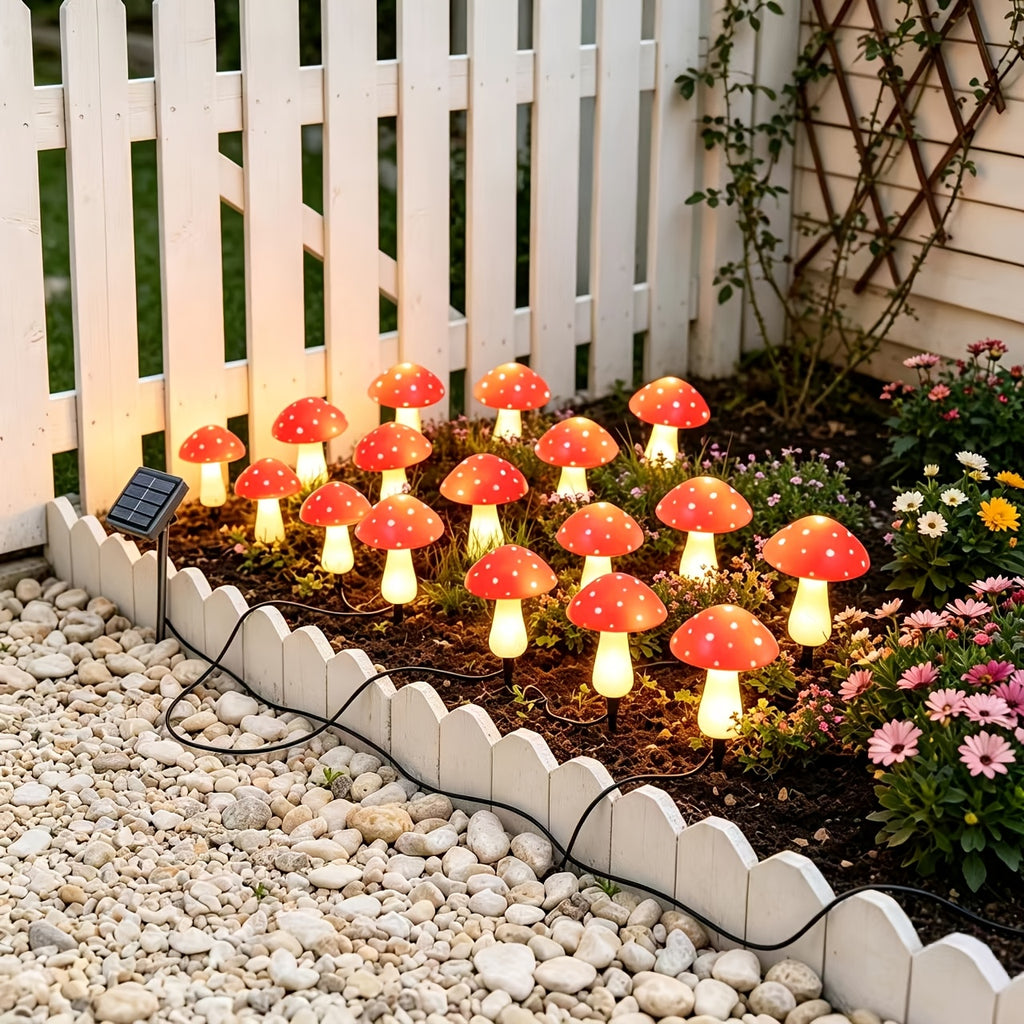 Solar Mushroom Garden Lights, 12-Piece Red Spotted Stake Light Set with Warm White LEDs for Decorative Lawn Borders, Yard Pathways, Patios and Landscape Displays