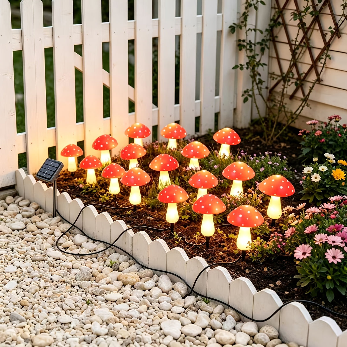 Solar Mushroom Garden Lights, 12-Piece Red Spotted Stake Light Set with Warm White LEDs for Decorative Lawn Borders, Yard Pathways, Patios and Landscape Displays
