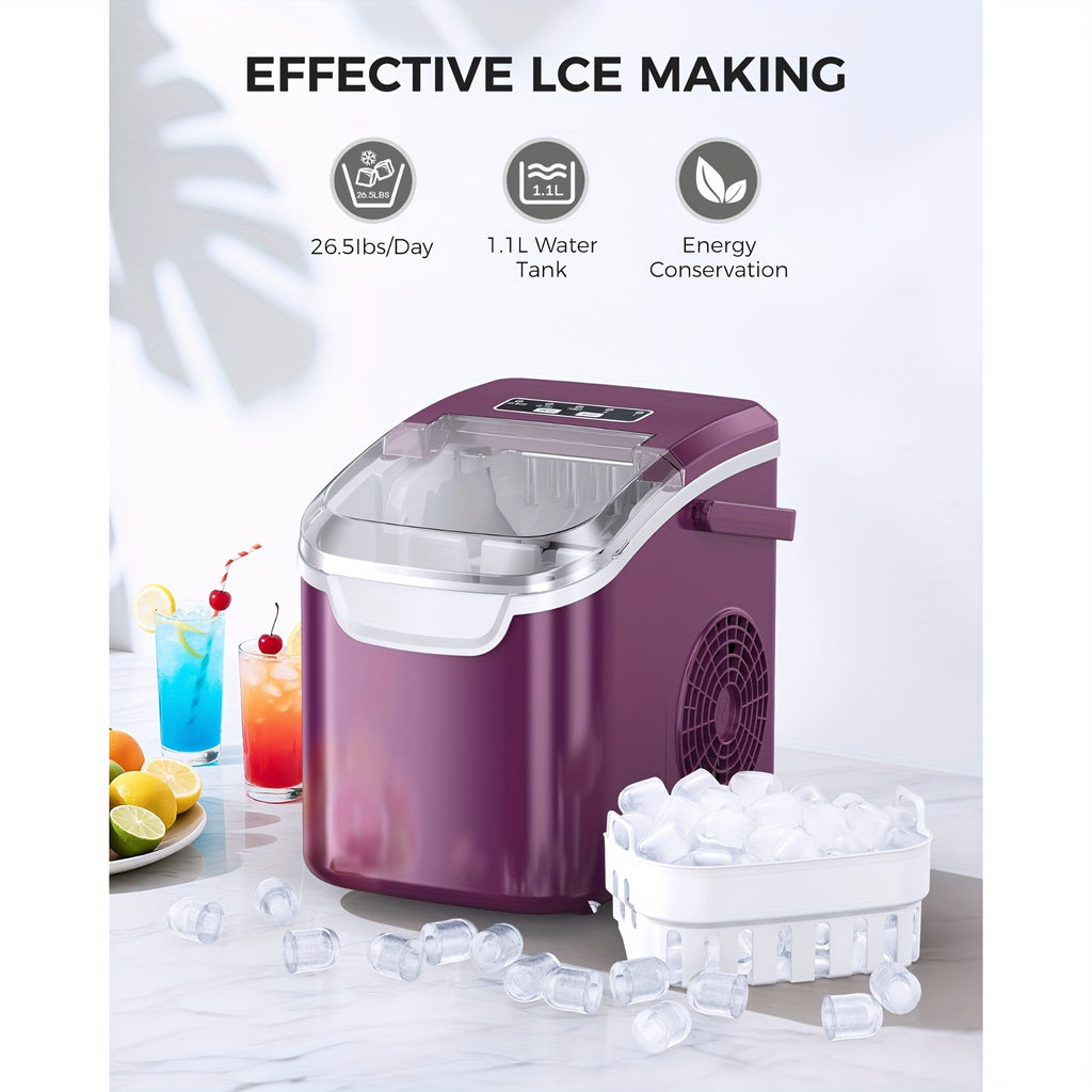 Handle-Equipped Countertop Ice Machine with Listed 26lb Daily Output, Six-Minute Ice Claim, Two Ice Sizes, Scoop, Basket and Self-Cleaning in Four Color Options