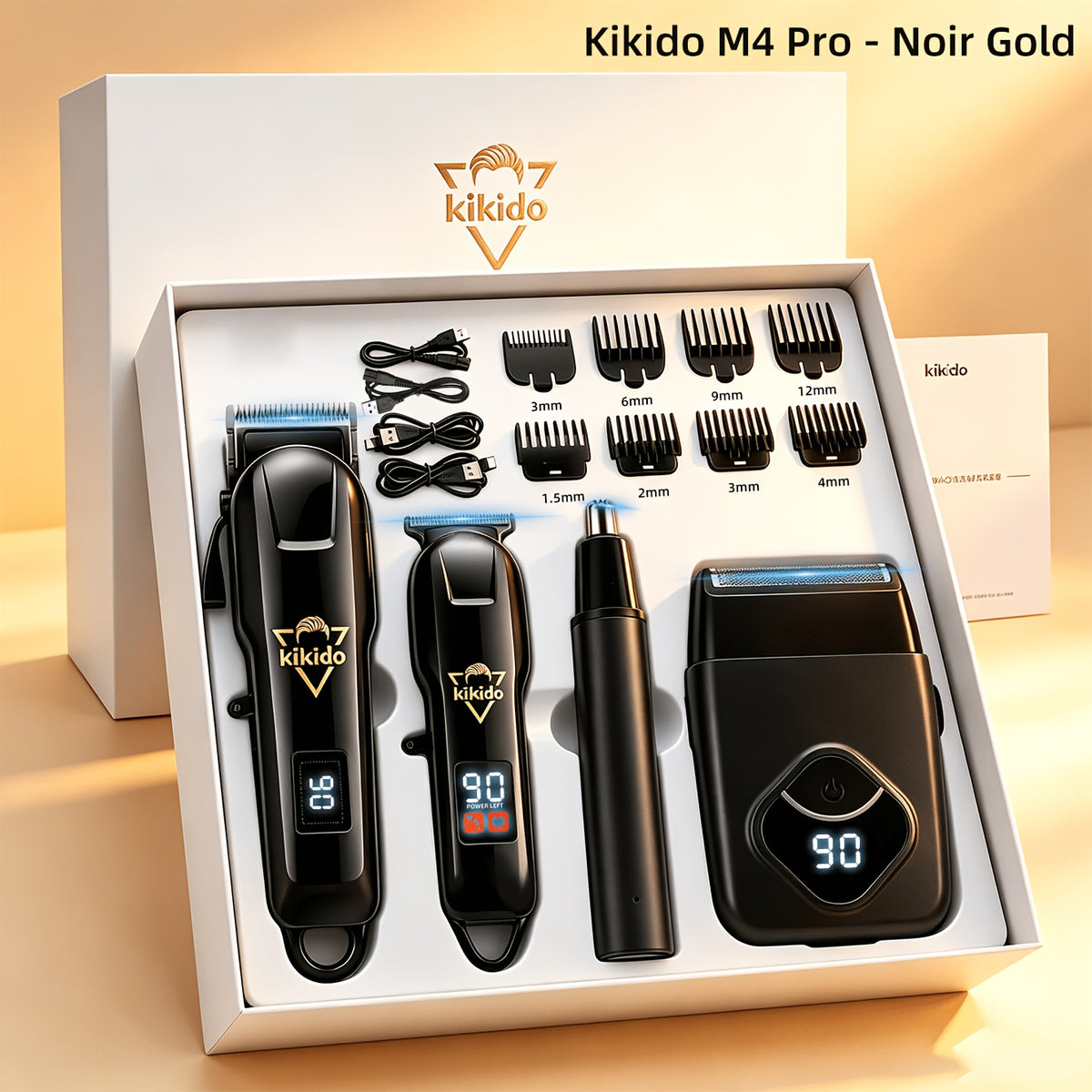 M4 Pro and M2 Pro Grooming Kit Options with Listed Electric Clipper, T-Trimmer and Shaver Wording, Black Golden or Polar White Labels for Men's Hair Care