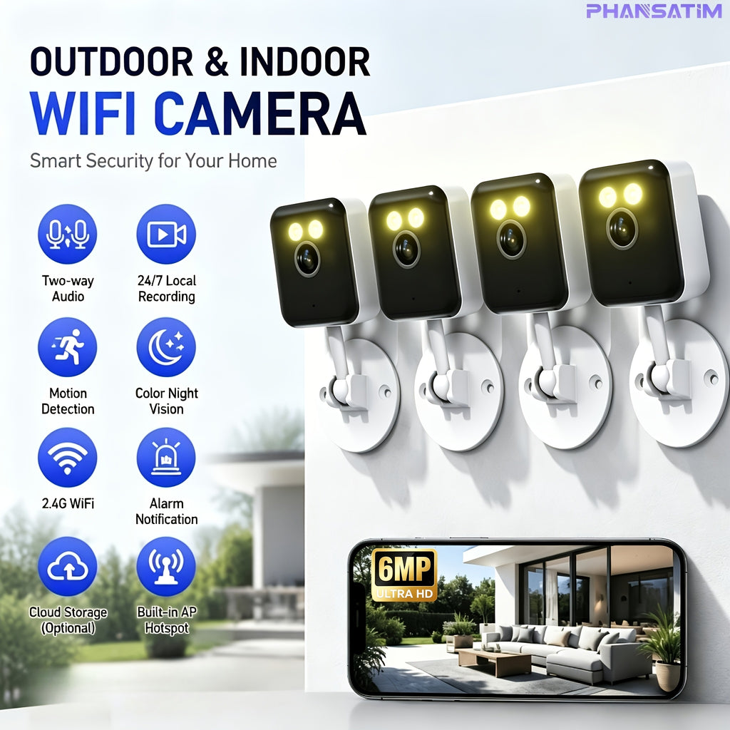 Indoor Security Camera Four-Pack with Listed 6MP Imaging, 2.4GHz WiFi, Two-Way Audio and Color Night Vision, Plus Four 78.74-Inch USB Cables for Home Monitoring