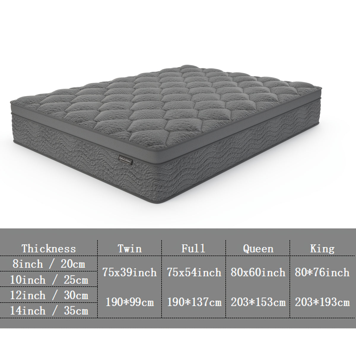 Grey Quilted Hybrid Mattress with Listed Medium Firm Feel and Pocket Springs, 8, 10 or 12 Inch Model Options in Twin, Full, Queen and King Labels for Bedrooms