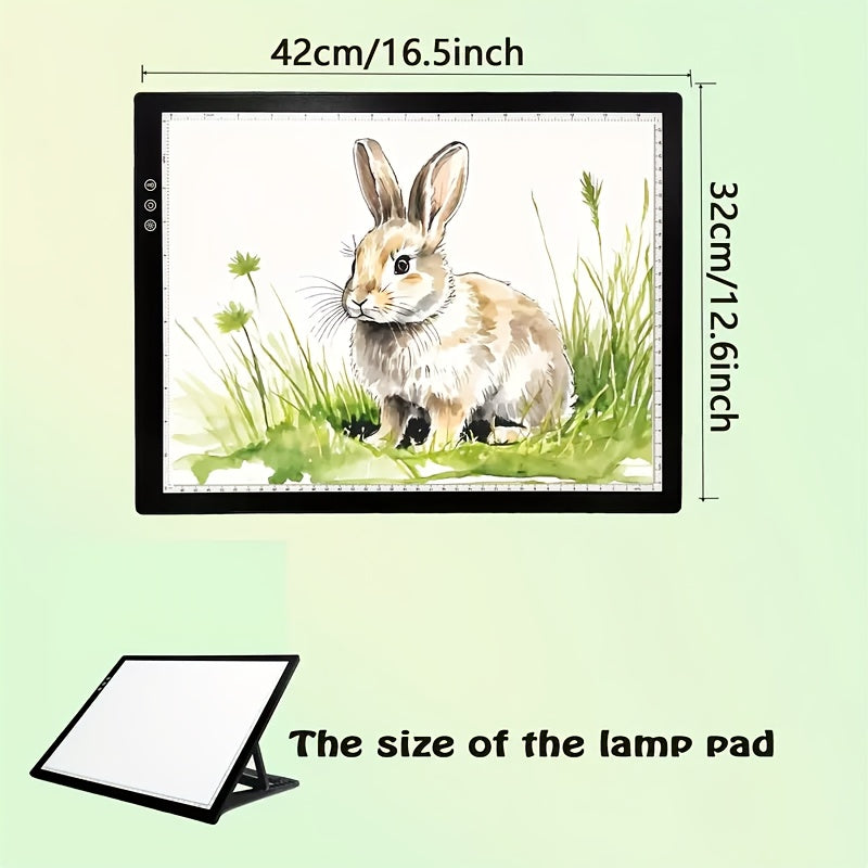 A3 Diamond Painting LED Light Box with Listed Three Color Modes and Eight Dimming Levels, USB Power, Plastic Stand and Four Swan Neck Clip Option Labels