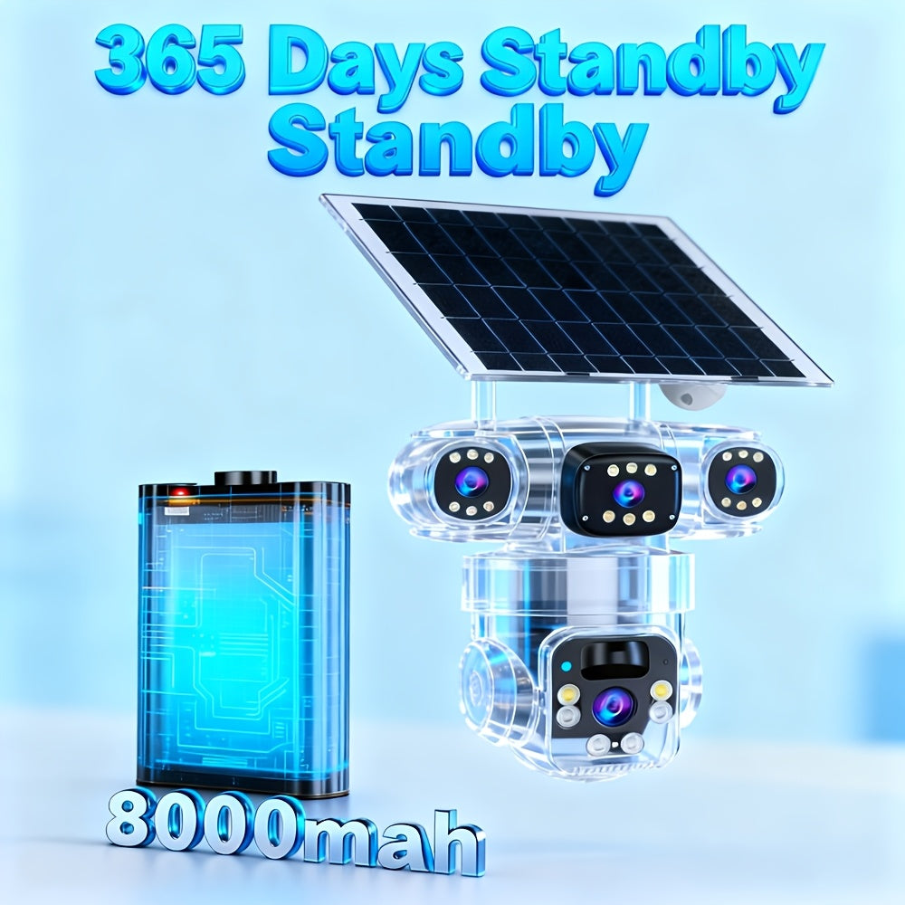 Solar WiFi Security Camera with Three-Lens Design, Listed 4K Pan-Tilt View, PIR Human Alerts and Two-Way Audio in Standard or Plus 32GB Package Labels