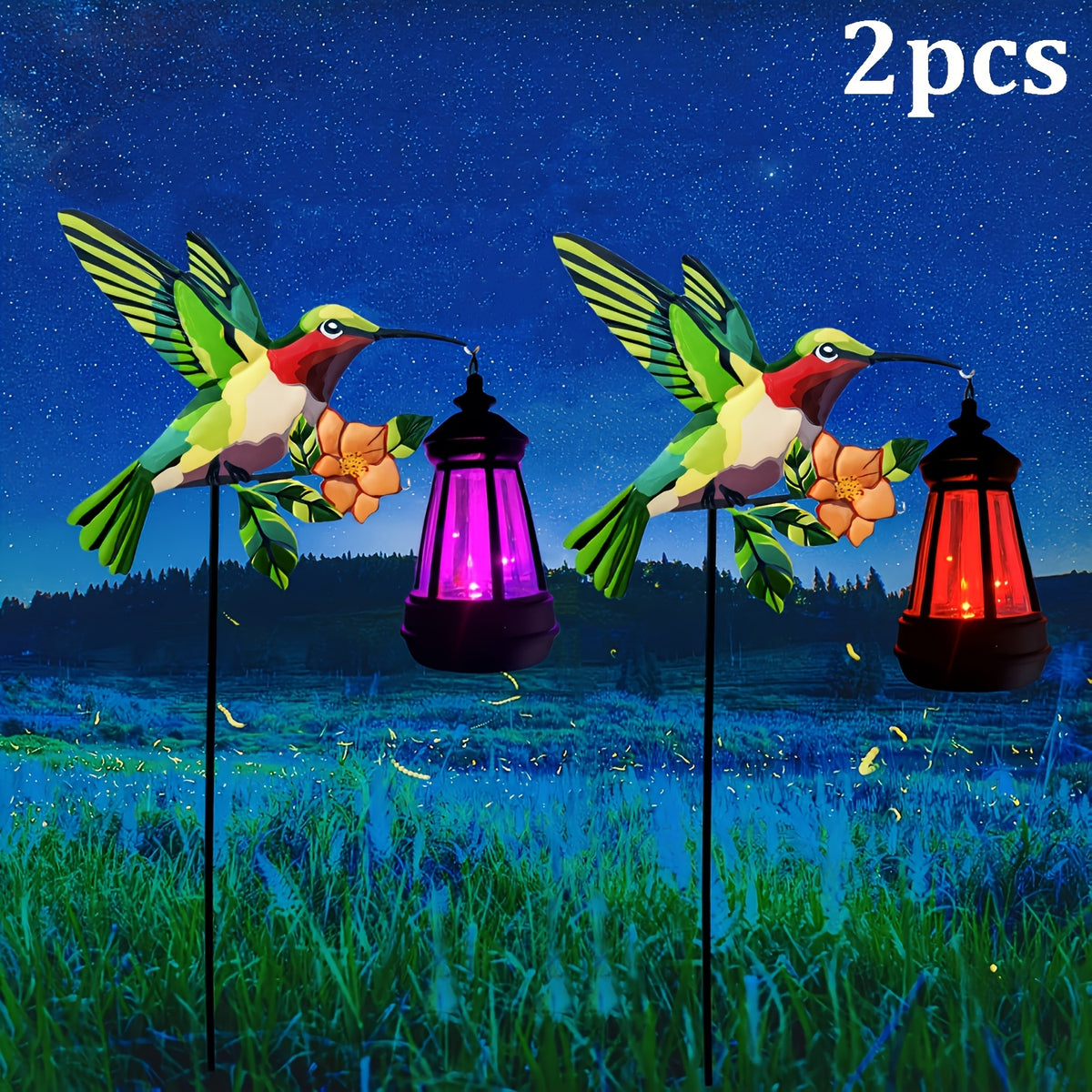 Solar Hummingbird Lantern Pair, Two-Piece Hanging Garden Light Set in Warm or Multicolor Options with Metal and Plastic Construction for Courtyard and Party Decor