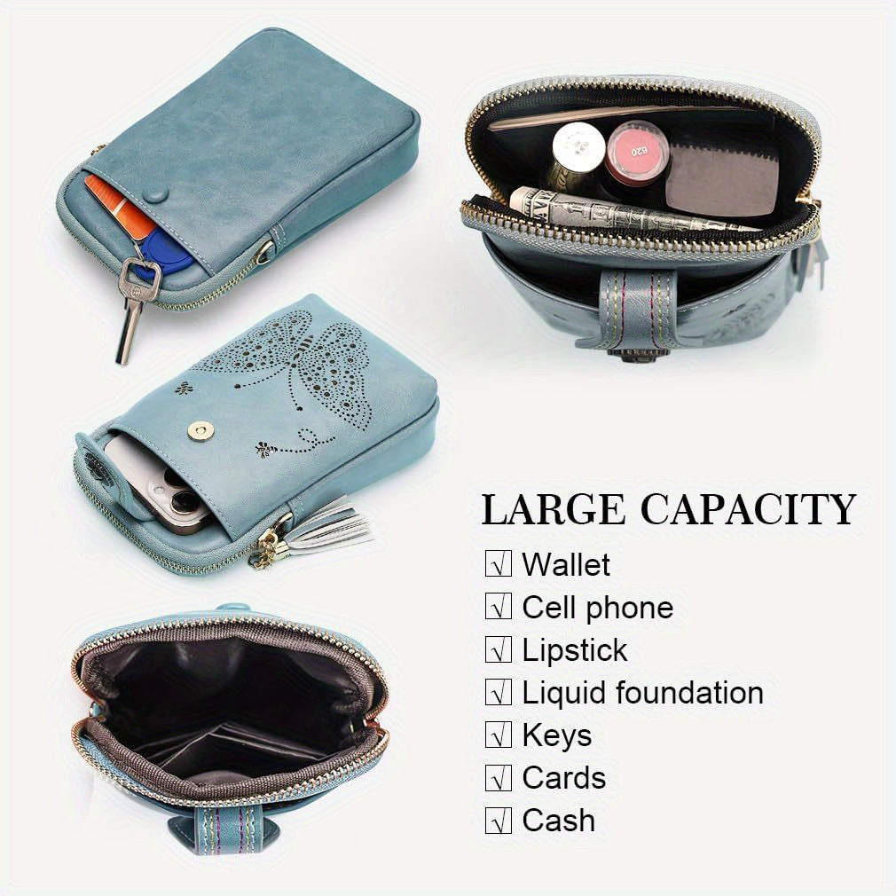 Butterfly Crossbody Phone Purse for Women with Shiny Pattern, Tassel, Adjustable Shoulder Strap and Zipper Closure in Five Colors for Everyday Outings