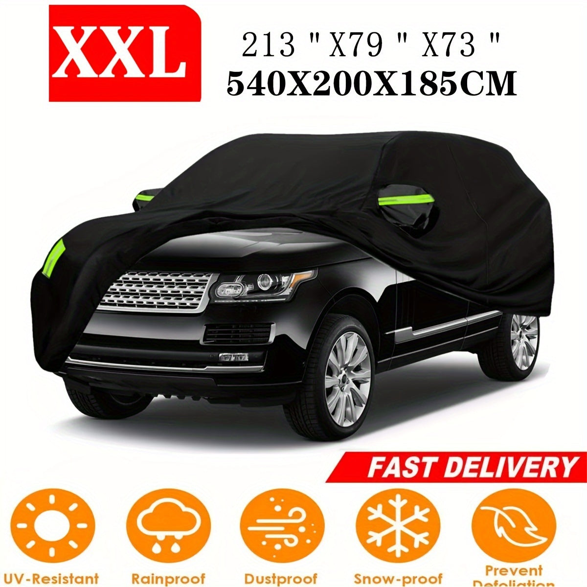 SUV Car Cover with Four Reflective Strips and Elastic Hem, Black Listed Six-Layer 190T Polyester Vehicle Cover in XL or XXL for Parked Storage