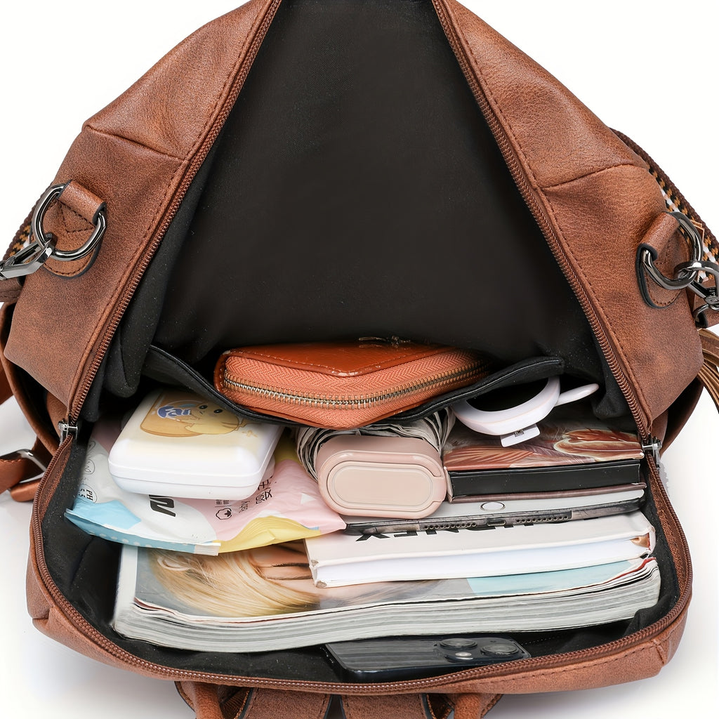 Tassel Backpack Purse for Women, Fashion Shoulder and Travel Bag with Five Listed Style Options Including Two-Tone Colors and Brown Leopard Print