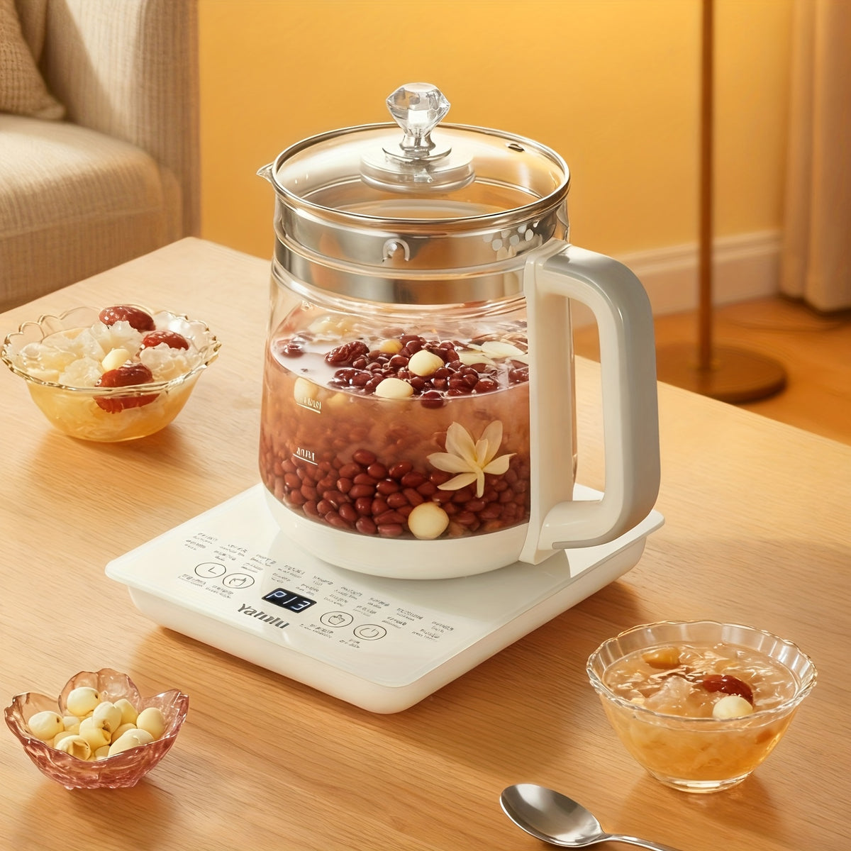 Yalulu Glass Electric Kettle with Listed 1.8L Capacity and 18 Functions, Removable SUS304 Tea Infuser, Glass Lid and Egg Steaming Rack, White US Plug Option