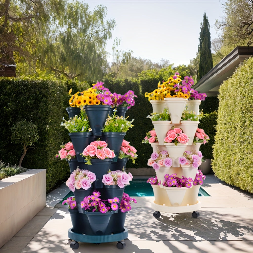 Five-Layer Stackable Planter Set for Vertical Gardening, Five Color Options with Listed Moving Wheels and Tools for Flowers, Herbs and Suitable Strawberry Plants