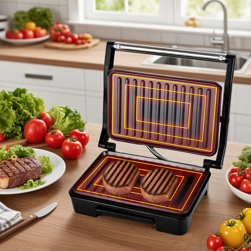 Double-Sided Electric Grill with Black Square Design and Listed Upper and Lower Heating, Panini and Sandwich Cooking Wording for Everyday Home Kitchen Meal Preparation
