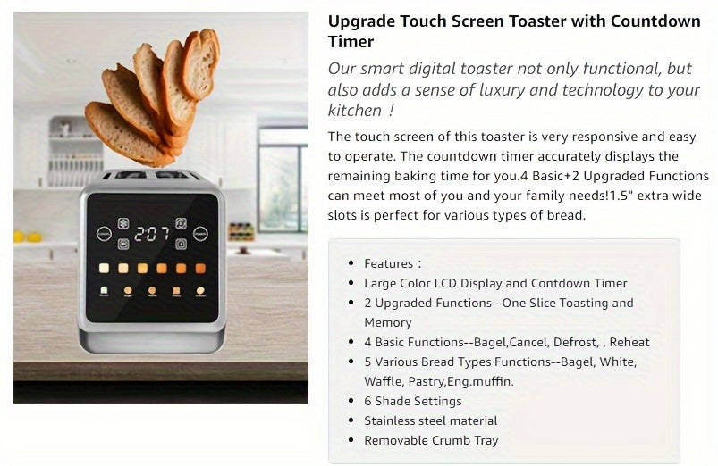 Seven-Shade Touchscreen Two-Slice Toaster with Listed Five Bread Selections, 1.5-Inch Slots, Bagel, Defrost, Cancel and Reheat Functions, Stainless Steel Options