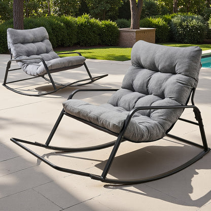Patio Rocking Chair with Cushion in Papasan Egg Style, Grey, Beige, Khaki or Black with One or Two-Piece Options for Deck Lounging and Garden Reading