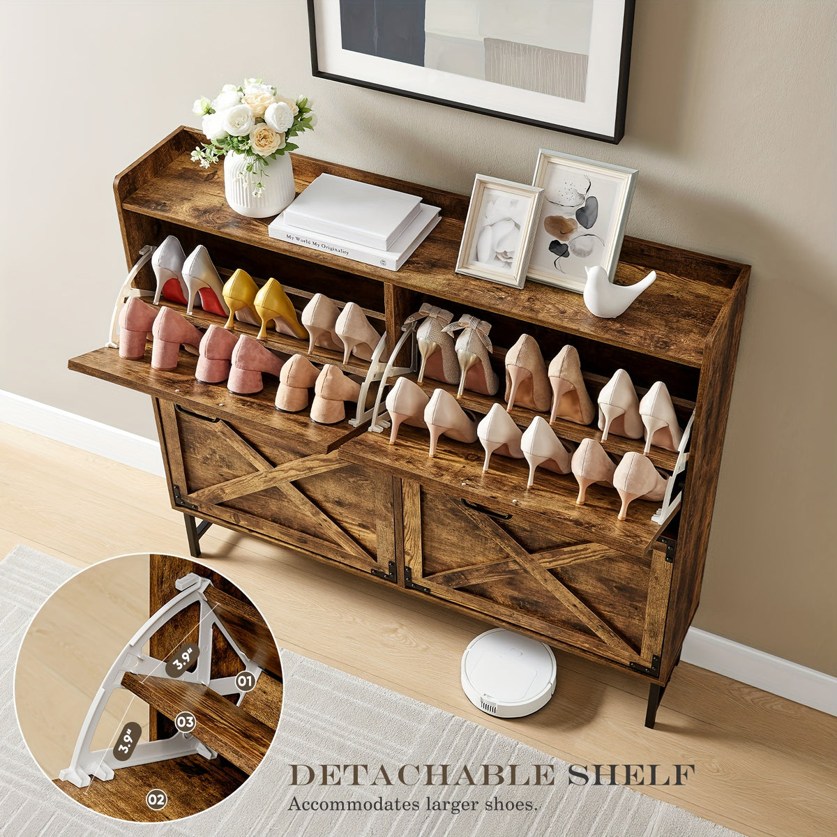 Shoe Storage Cabinet for Entryway and Hallway Organization, Black Upgrade or White Two, Three and Four-Door Options with Listed Flip-Drawer Storage Features