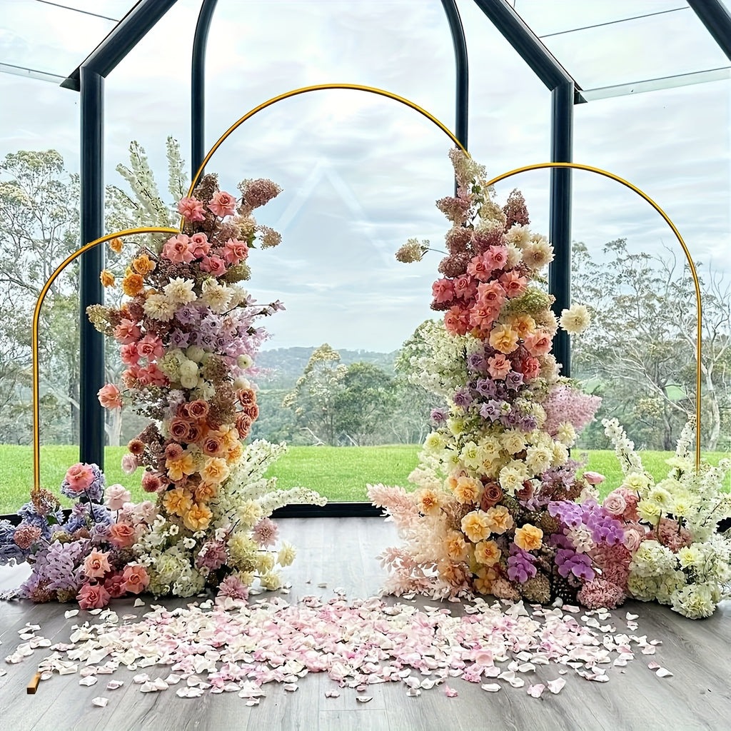 Wedding Arch Stand Set in Golden Metal, Three Backdrop Frames with Listed 7.2ft, 6.6ft and 6ft Sizes for Balloon, Flower and Party Displays