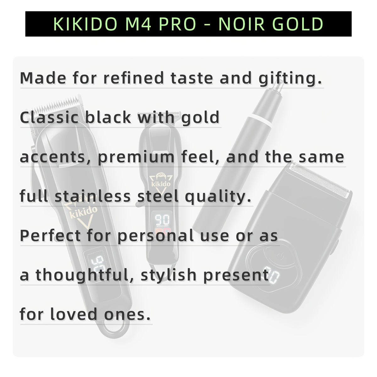 M4 Pro and M2 Pro Grooming Kit Options with Listed Electric Clipper, T-Trimmer and Shaver Wording, Black Golden or Polar White Labels for Men's Hair Care