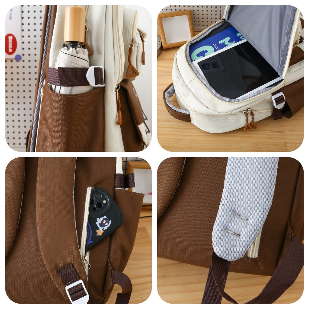 Student Backpack Set of 5 in Solid Colors with Listed Handbag, Coin Purse, Crossbody Bag and Pencil Case for Teen Back-to-School and Everyday Carry