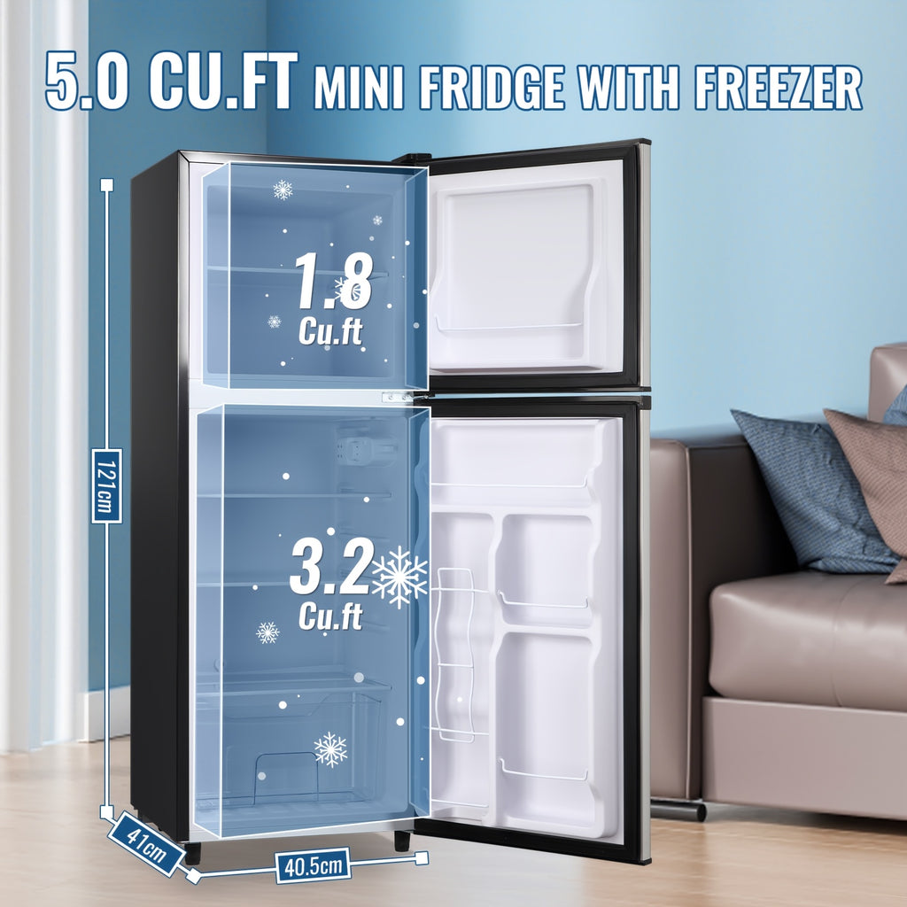 Two-Door Compact Fridge with Freezer, Silvery 2.5 or 3.5 Cu Ft Options with Seven-Level Thermostat and Removable Shelves for Dorm, Office and Bedroom Storage