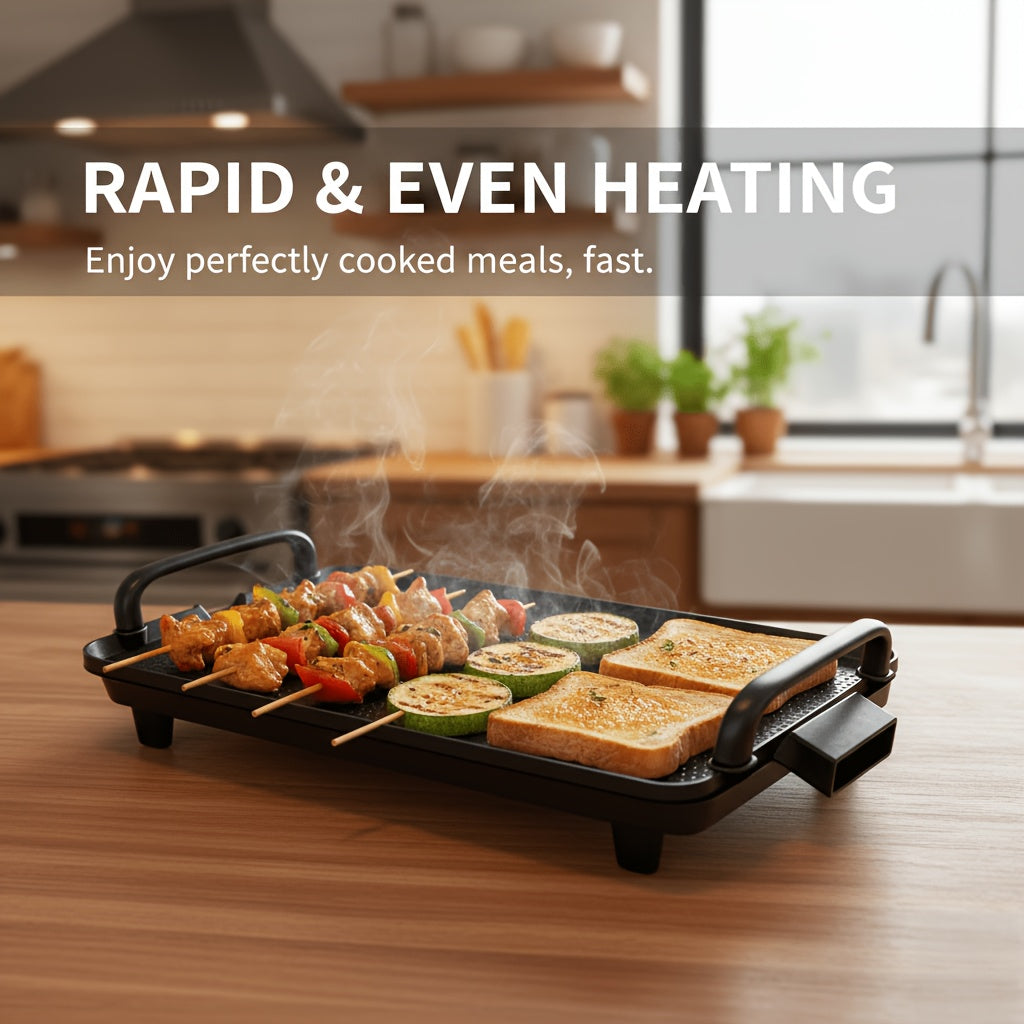Nonstick Electric Barbecue Tray with Adjustable Temperature, Indoor Cooking Grill in Two Listed Sizes for Steak, Skewers and Home Dinner Gatherings
