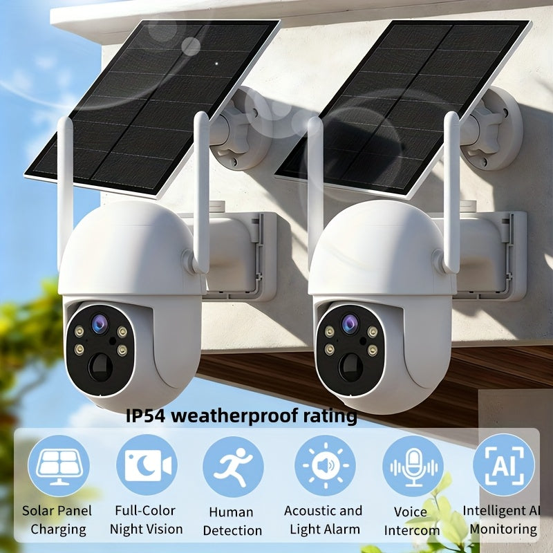 1/2pcs Security Surveillance Cameras, High-Quality Solar Panel Charging, Large-Capacity Battery Storage, AI Detection, Audible & Visual Alarms, Pan/Tilt Control Via App, & Dustproof, Color Night Vision Mode, Wi-Fi Connectivity, 2MP HD Resolution