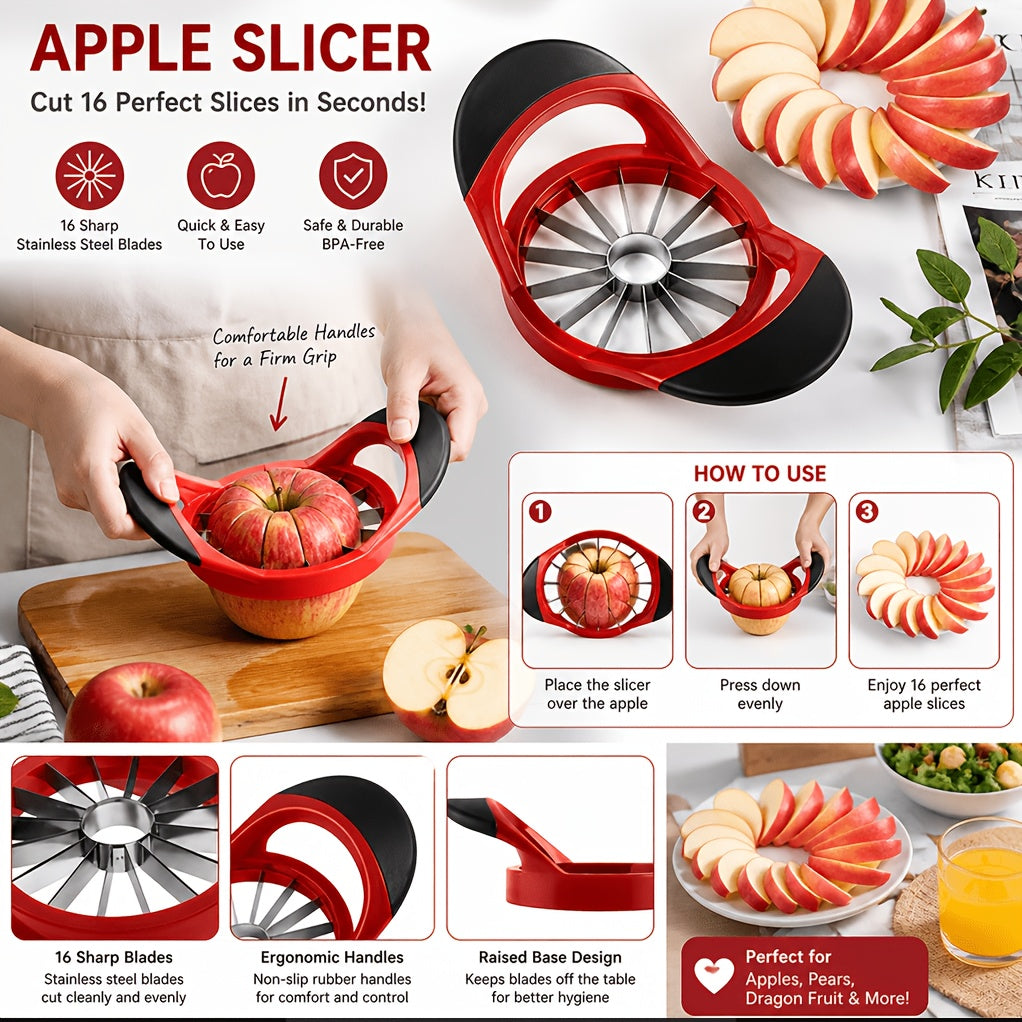 Apple Slicer and Corer in Red, Manual Fruit Cutting Tool for Compatible Apples and Pears, Kitchen Prep Accessory for Snacks and Family Fruit Platters